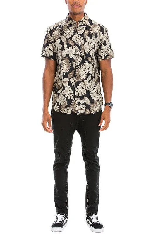 Men's Black and Tan Hawaiian Print Button Down Shirt