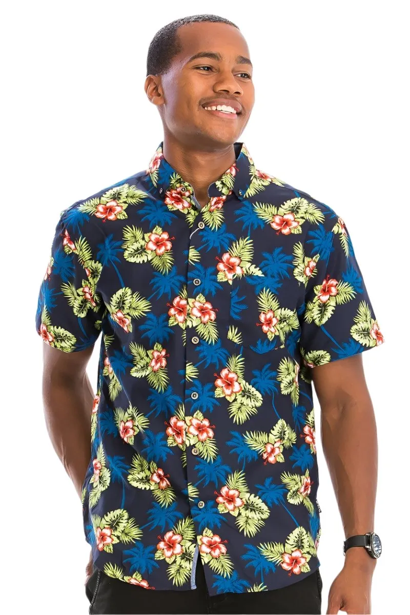 Mens Turquoise Hibiscus Hawaiian Shirt Button Down