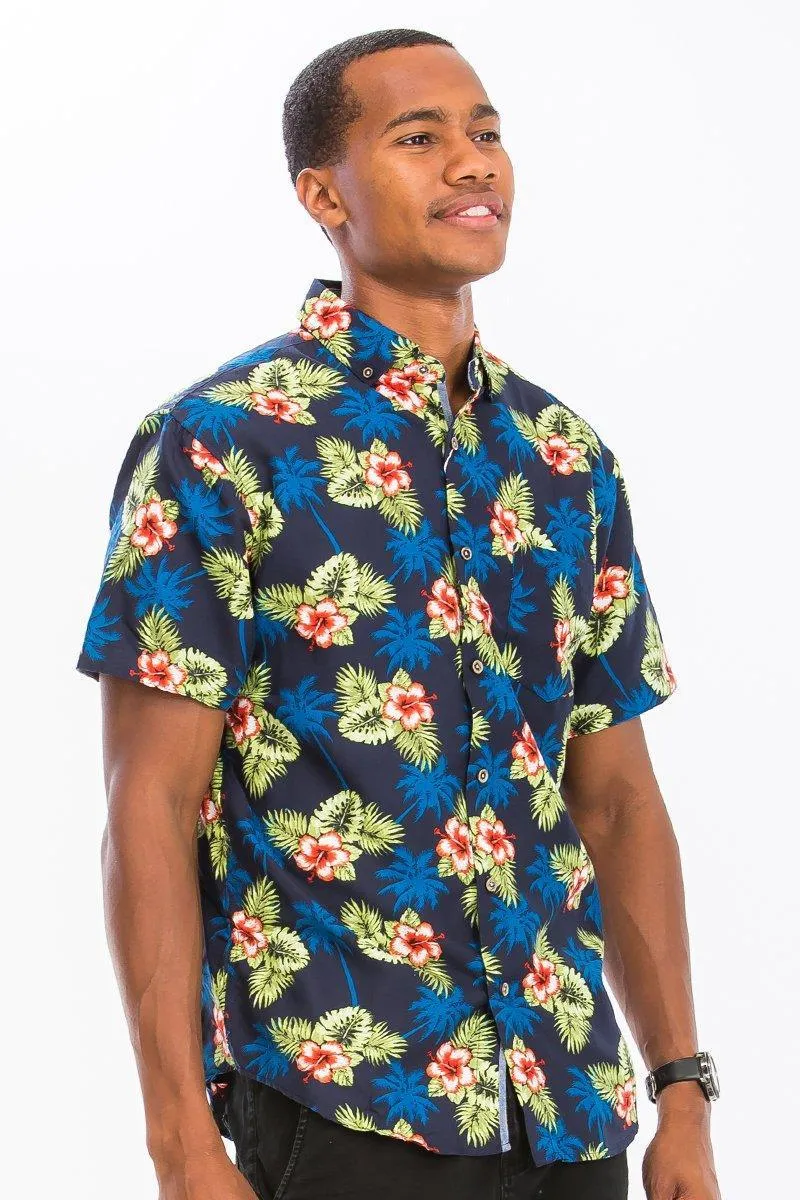 Mens Turquoise Hibiscus Hawaiian Shirt Button Down