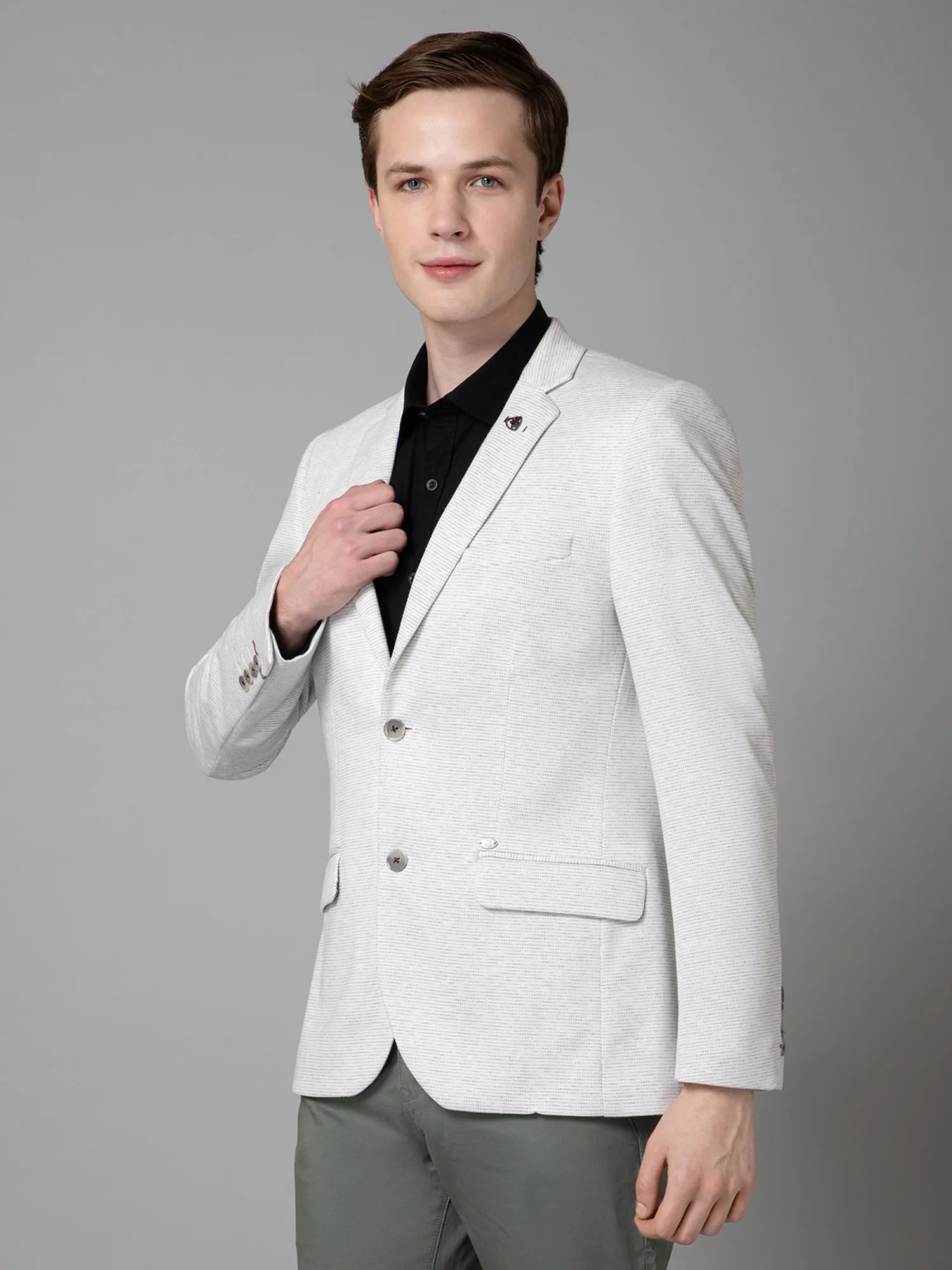 Off White Self Design Full Sleeves Casual Blazer For Men