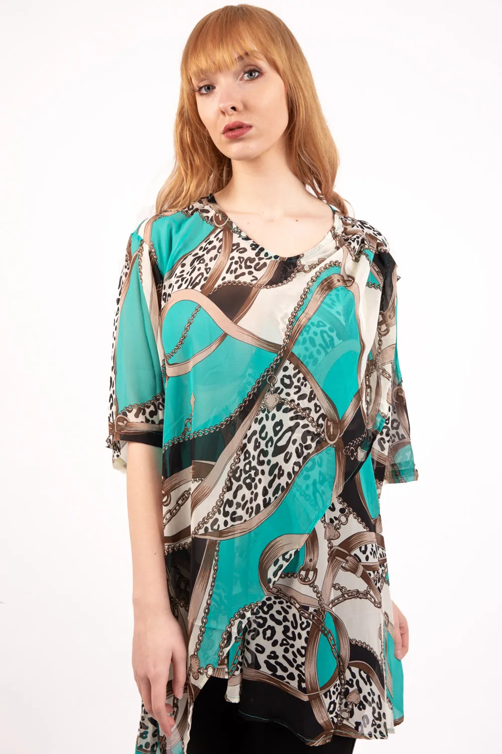 Oversized Chiffon Leopard And Chain Print Contrast Top