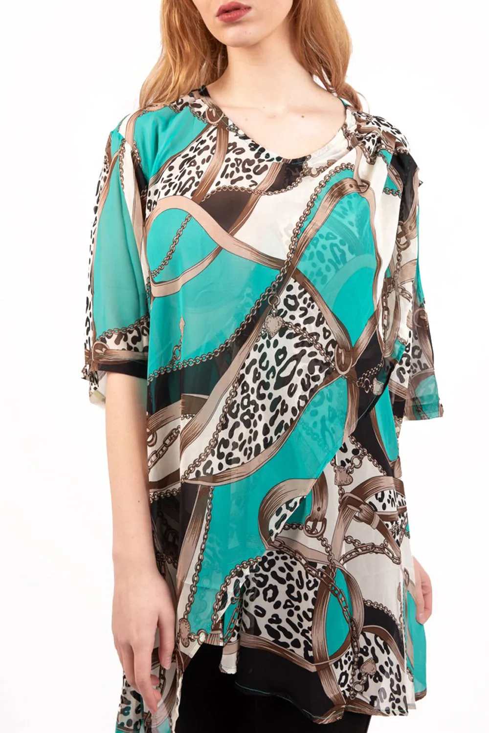 Oversized Chiffon Leopard And Chain Print Contrast Top