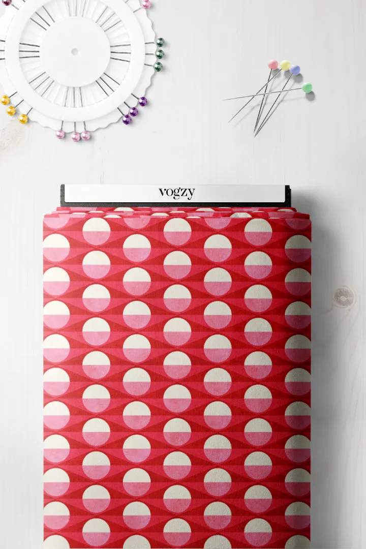 Pink-Red Geometric Printed Natural Muslin Silk Fabric