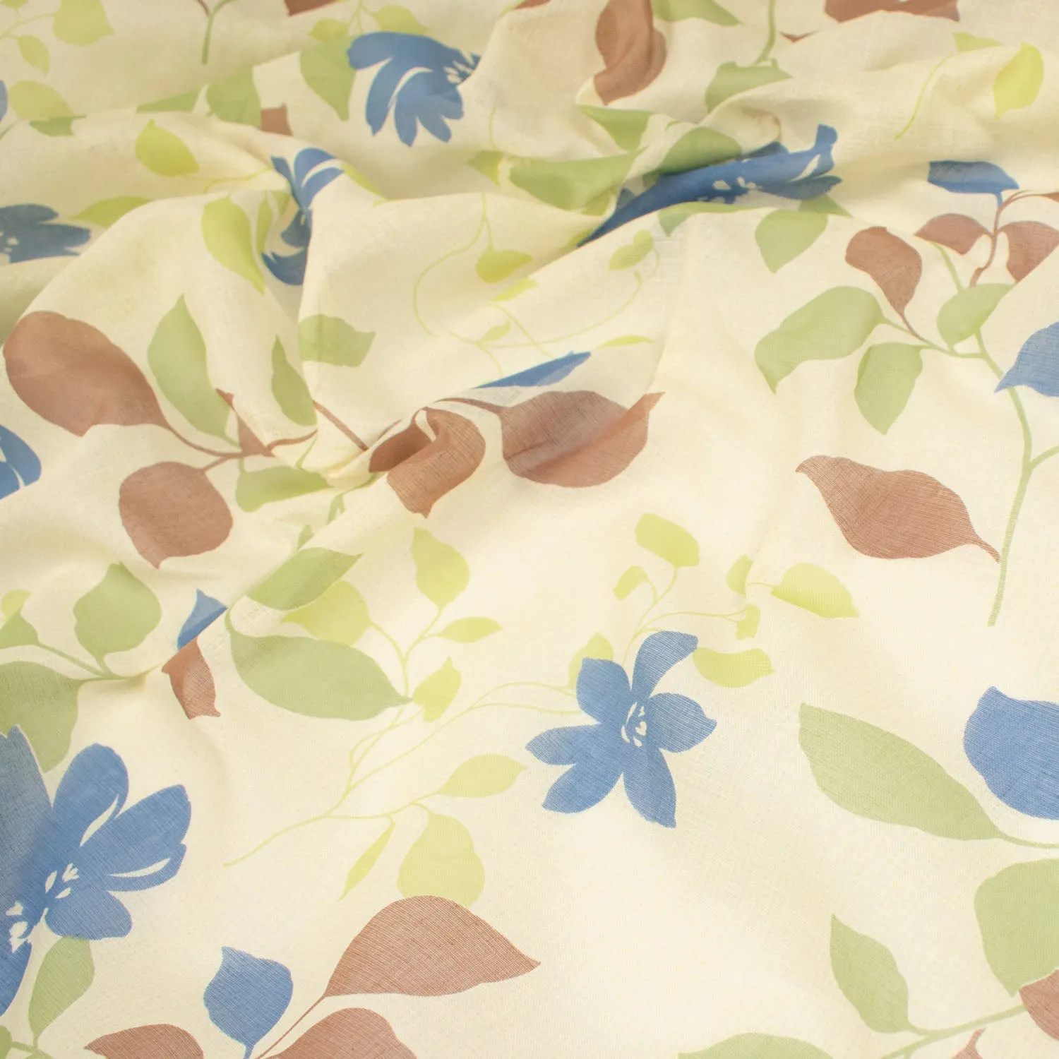 Printed Cotton Voile Design-10 Brown, Blue & Green Leaves on Cream