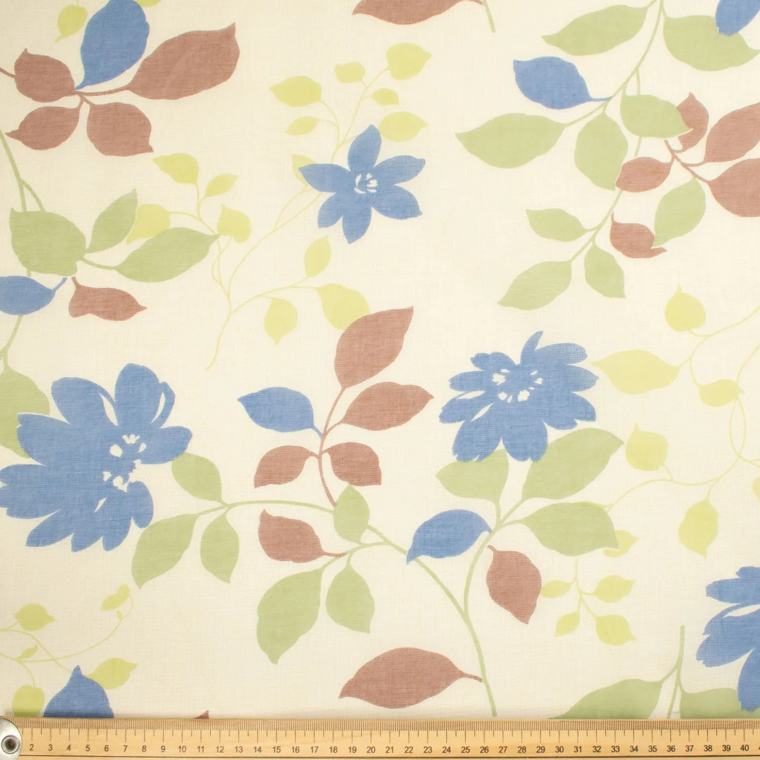 Printed Cotton Voile Design-10 Brown, Blue & Green Leaves on Cream