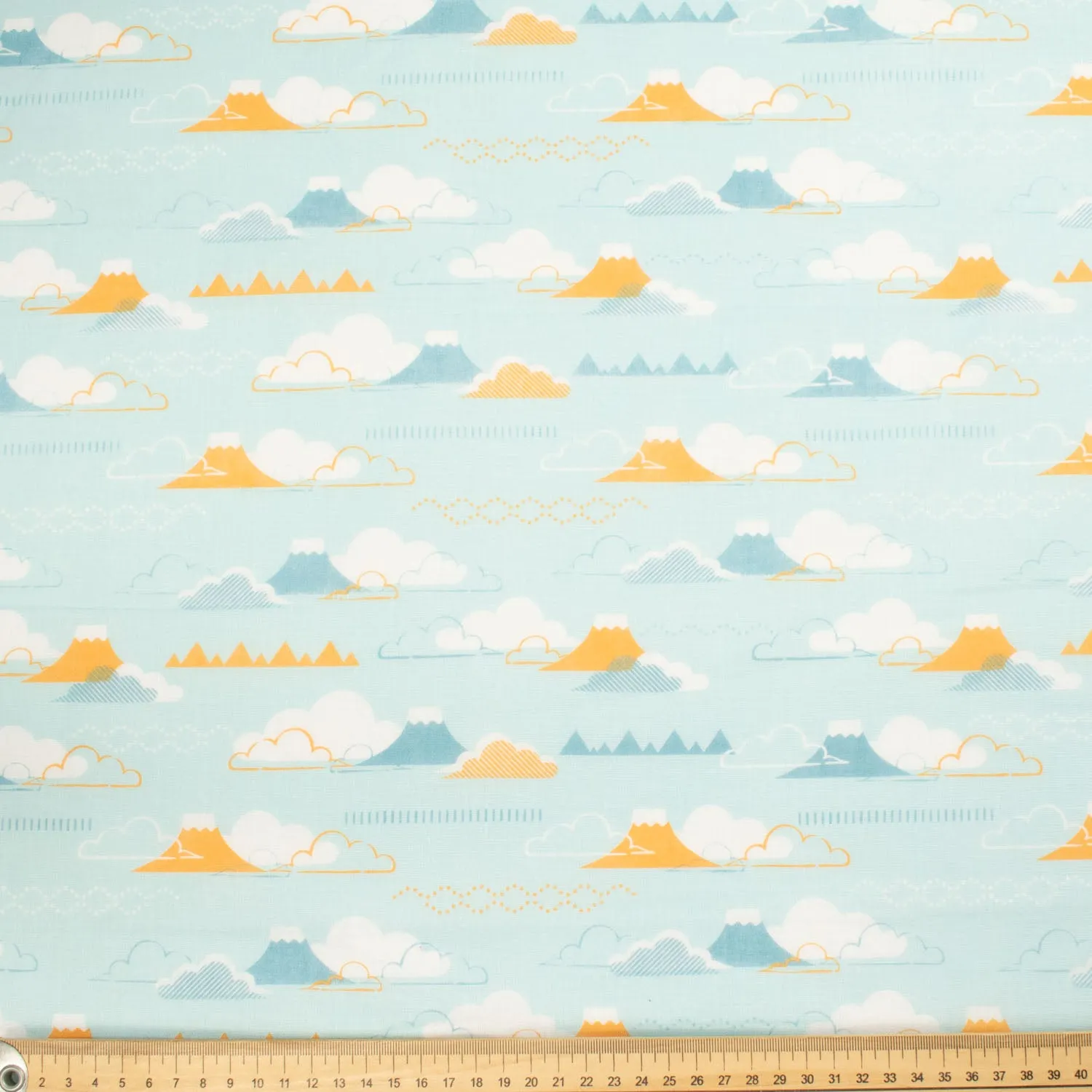 Printed Cotton Voile Design-33 Yellow Mountain & White Cloud on Baby Blue