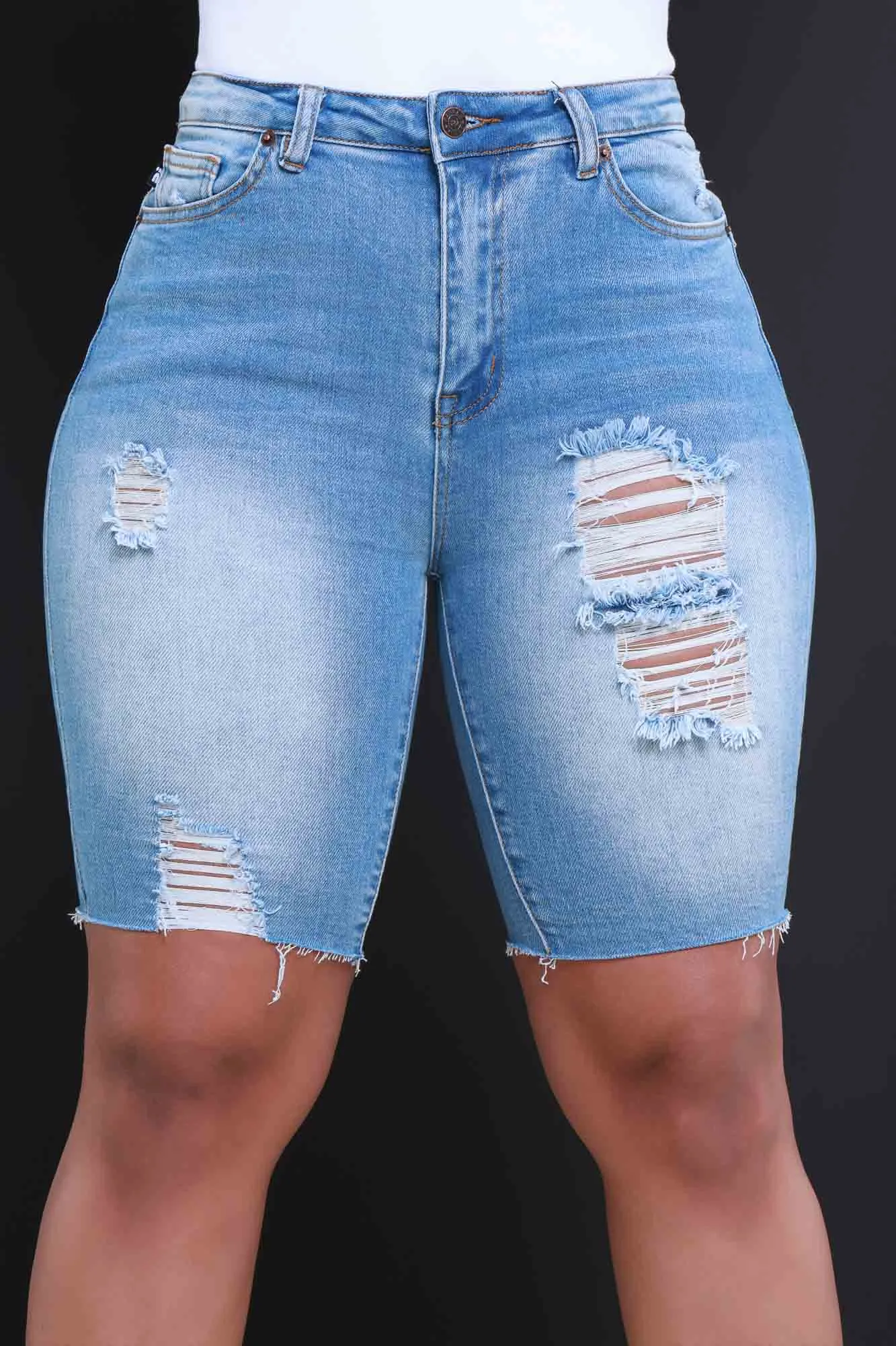 Real Life High Rise Distressed Denim Shorts - Medium Wash