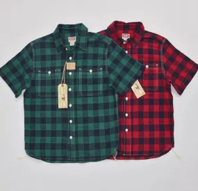 Retro Brushed Plaid Short Sleeve Buffalo Check Work Shirts - Red/Green