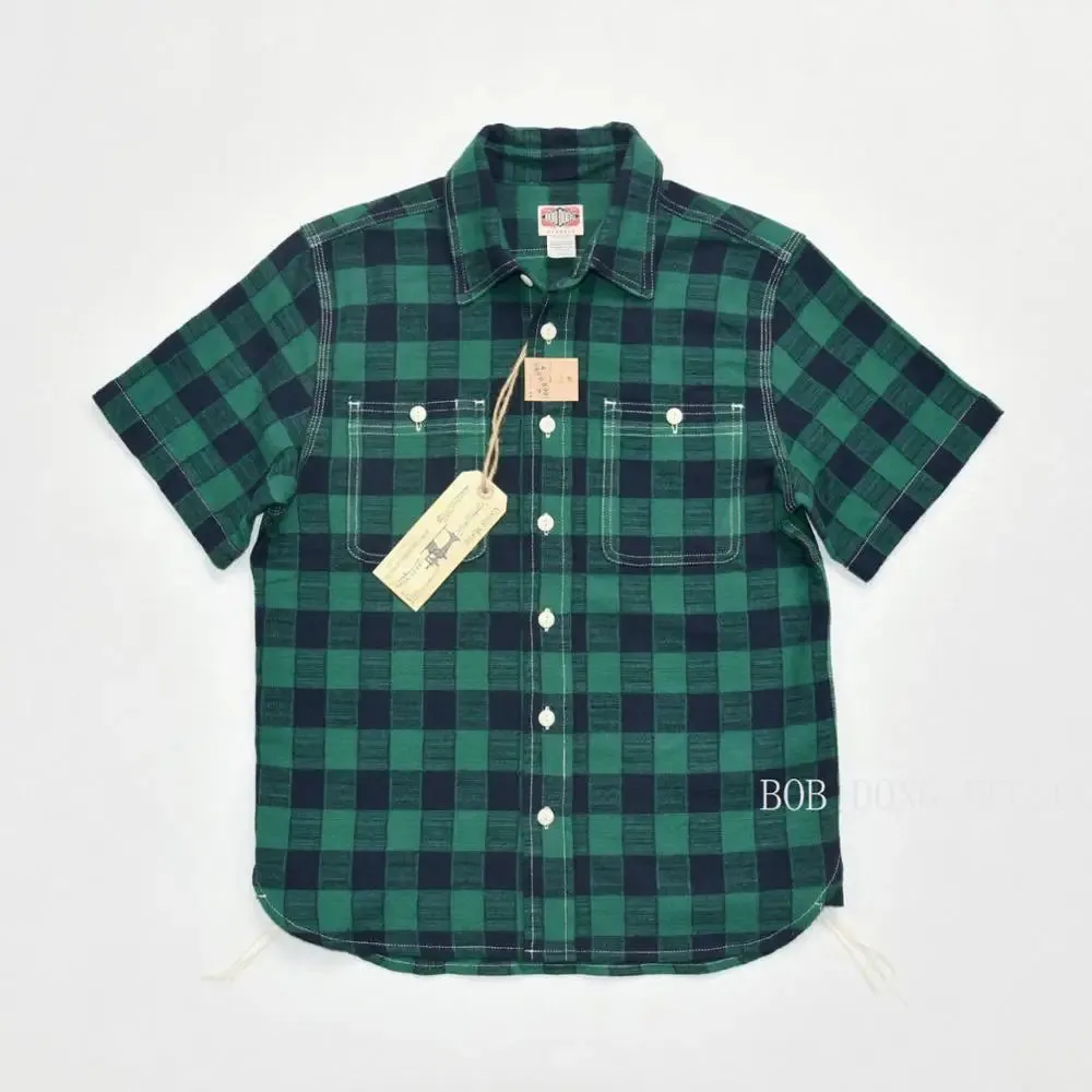 Retro Brushed Plaid Short Sleeve Buffalo Check Work Shirts - Red/Green