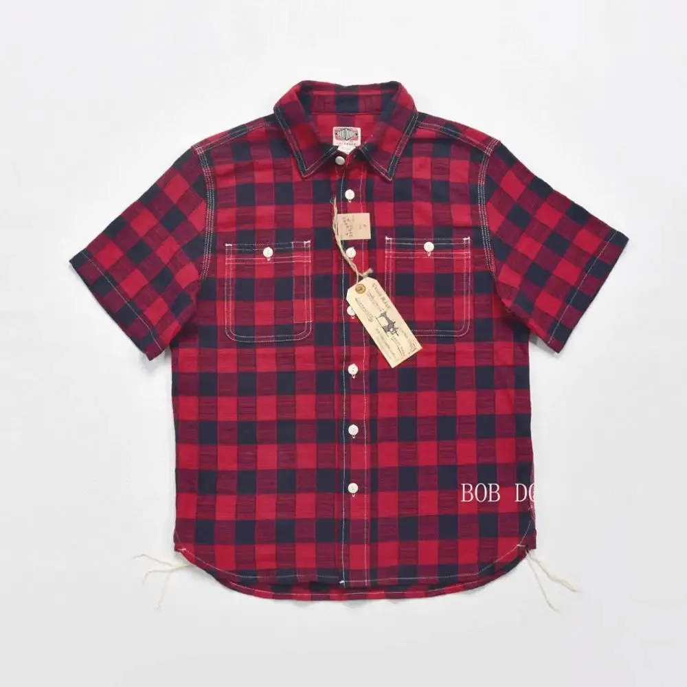 Retro Brushed Plaid Short Sleeve Buffalo Check Work Shirts - Red/Green