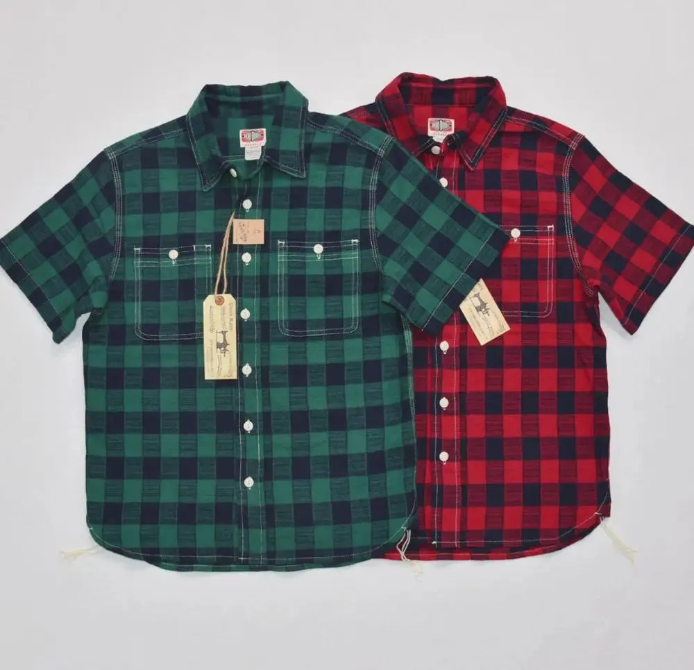 Retro Brushed Plaid Short Sleeve Buffalo Check Work Shirts - Red/Green