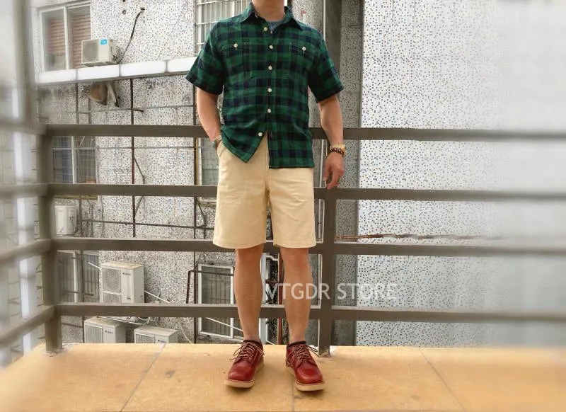 Retro Brushed Plaid Short Sleeve Buffalo Check Work Shirts - Red/Green