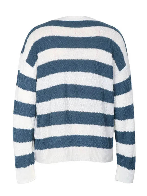 Striped Chevron Knit Sweater with Drop Shoulder