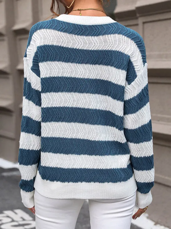 Striped Chevron Knit Sweater with Drop Shoulder