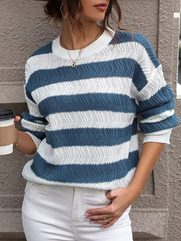 Striped Chevron Knit Sweater with Drop Shoulder