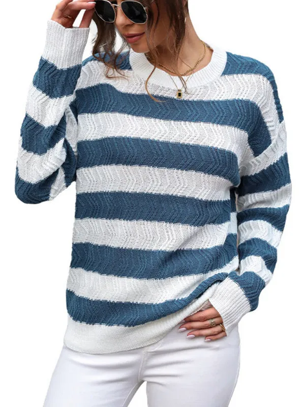 Striped Chevron Knit Sweater with Drop Shoulder