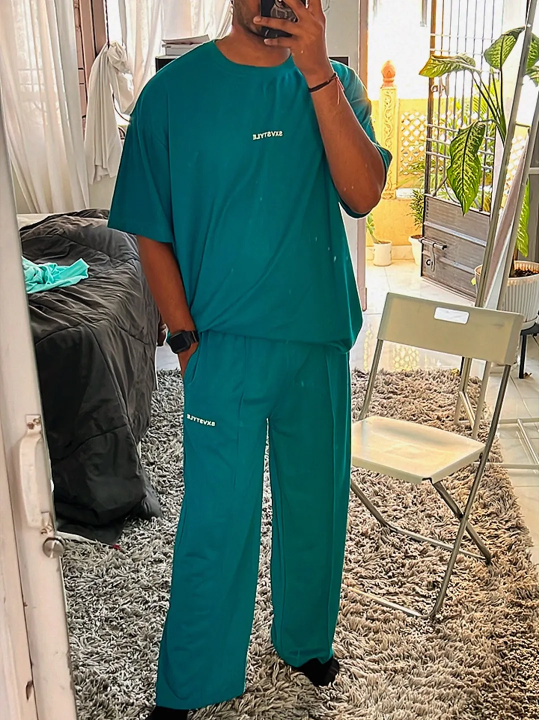 SXV Basic CO-ORDS set : Tealgreen Oversized T-shirt And Trouser Combo