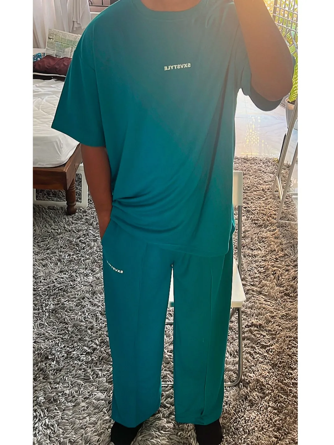 SXV Basic CO-ORDS set : Tealgreen Oversized T-shirt And Trouser Combo