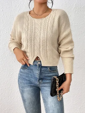 TastyHottie - Cable-Knit Slit Drop Shoulder Sweater