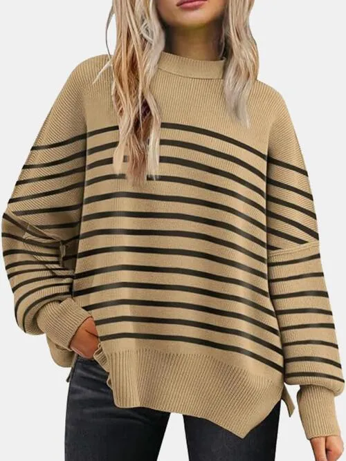 TastyHottie - Round Neck Drop Shoulder Slit Sweater