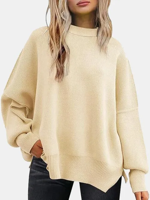 TastyHottie - Round Neck Drop Shoulder Slit Sweater