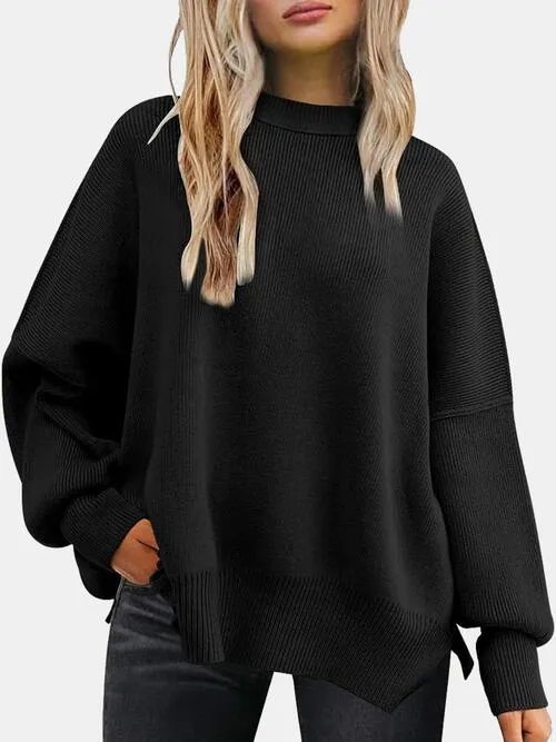 TastyHottie - Round Neck Drop Shoulder Slit Sweater