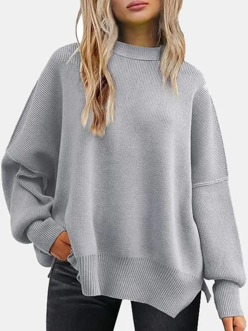 TastyHottie - Round Neck Drop Shoulder Slit Sweater