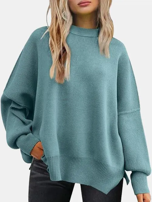 TastyHottie - Round Neck Drop Shoulder Slit Sweater