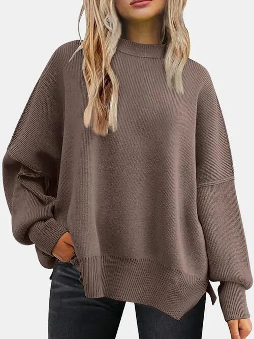 TastyHottie - Round Neck Drop Shoulder Slit Sweater