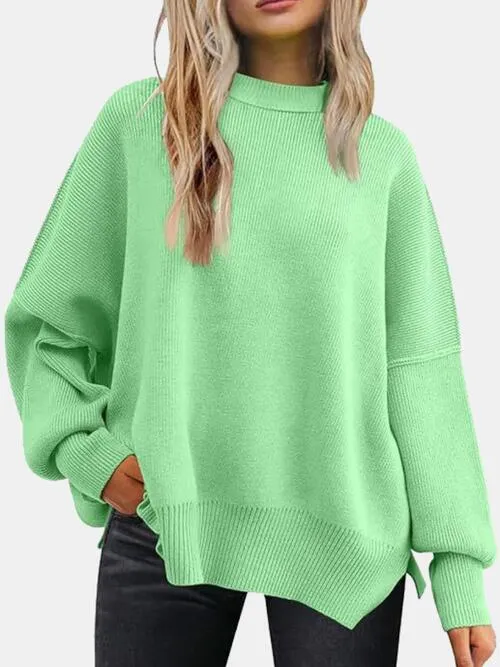 TastyHottie - Round Neck Drop Shoulder Slit Sweater