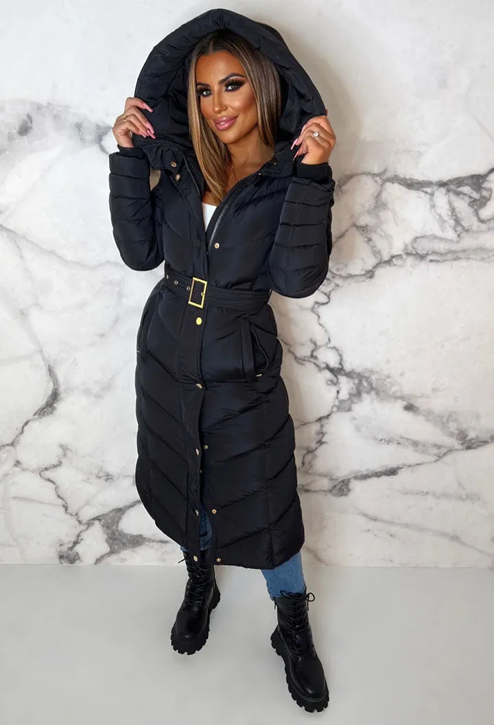 Urban Revival Black Chevron Belted Hooded Fleece Lined Coat