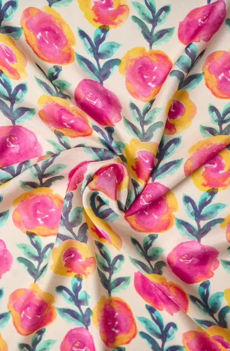 Water Color Floral Pattern Printed Natural Muslin Silk Fabric