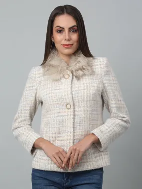 Women's   Cream Single breasted  Faux Fur Spread Collar Blazer