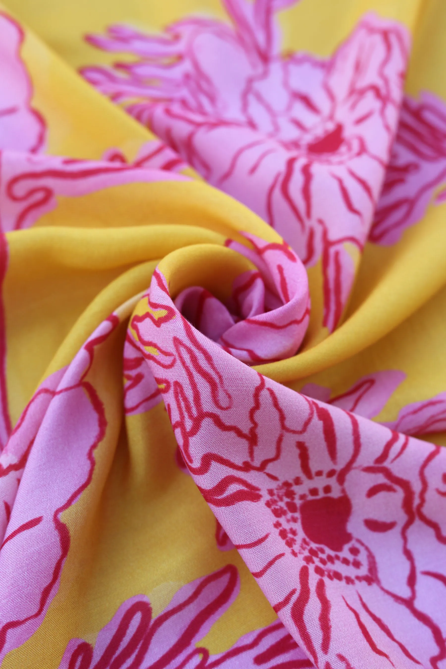 Yellow Pink Floral Pattern Printed Natural Muslin Silk Fabric