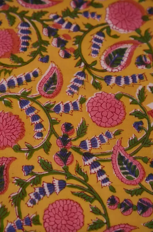 Yellow Pure Cotton Bagru Hand Block Printed Fabric