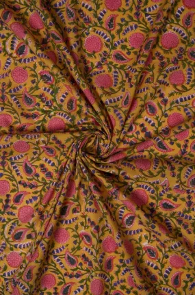 Yellow Pure Cotton Bagru Hand Block Printed Fabric